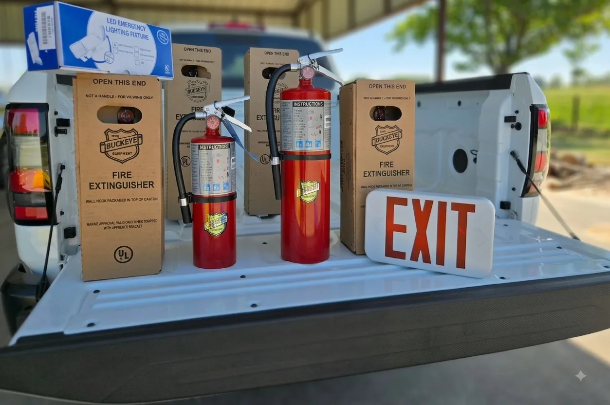 New fire extinguishers, an illuminated exit sign, and an emergency lighting fixture staged for install